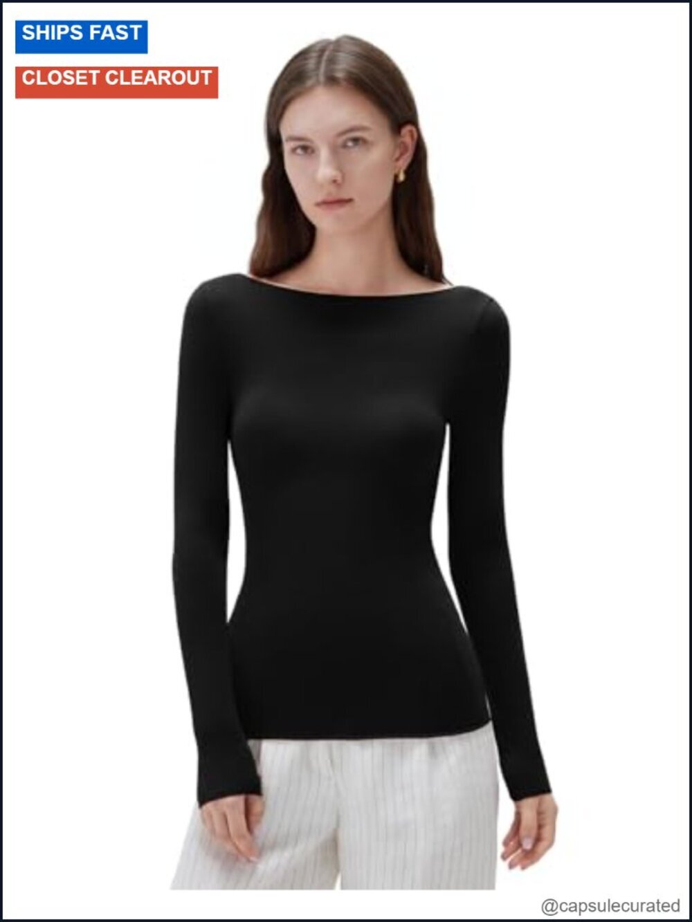 Cloud Cashmere Women Boat Neck Fitted Long Sleeve Shirt Basic Knit Tops